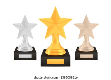Winner star awards set, gold silver bronze trophy cups on stands with empty plates, three logo icons isolated on white background, photo realistic vector illustration figure with reflection
