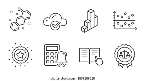 Winner star, Chemical formula and Read instruction line icons set. Dot plot, Cloud computing and Justice scales signs. 3d chart, Calculator alarm symbols. Best award, Chemistry, Opened book. Vector