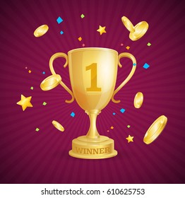 Winner Success Achievement Concept with Gold Cup and Falling Coins. Vector illustration