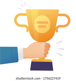 Winner Success Award Gold Cup Vector Or Champion Business Man Person Holding In Hand Prize Achievement Reward Trophy Flat Cartoon Isolated On White Background