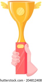Winner success award gold cup vector or champion person holding in hand prize. Achievement, reward trophy in human hand. Man wins competition, gold prize, cup. Winner award, success in contest