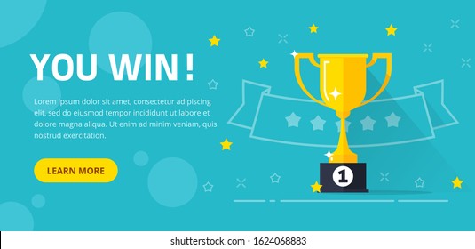 Winner success award web banner or competition achievement cup win background vector illustration flat cartoon, idea of first place prize flyer or contest champion trophy website backdrop template
