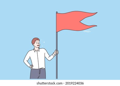 Winner, success, Business reaching goal concept. Young smiling businessman cartoon character standing holding red flag in hands feeling happy