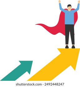 Winner and success concept, Businessman on top of ladder, Superhero man standing proudly on ladder with folded arms. flat design vector illustration on blue background.