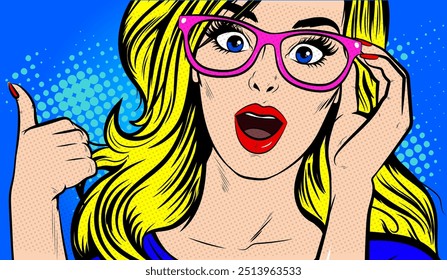 Winner success, excited WOW pose. Thumbs up, excellent job. Portrait of enthusiastic woman, blonde hair surprised showing like gesture. Pop Art Comic Book Surprised young woman with open mouth