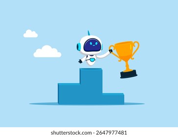 Winner, success. Robot standing on the winner's podium, holding a trophy. Victory with winning businessman. Giving success in technology. Flat vector illustration