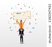 The Winner. Successful businessman holding first prize gold medal and winner announcement board. Winners gesture. Competition winner concept.