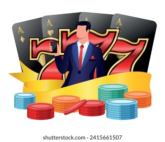 Winner symbol in casino and lottery. 777, playing cards, chips