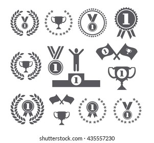 winner symbols cup podium medal flags stars vector set