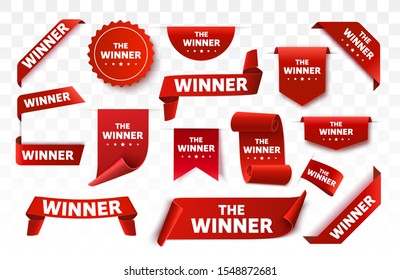 Winner tags or labels isolated. Red scroll banners. Vector illustration