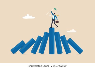 Winner take all, survive business competition or strength to overcome difficulty, economic crisis or recession, business winner concept, success businessman on stand strong bar graph domino collapse.