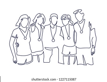 Winner team continuous one line vector drawing. Hand drawn champions. Sport championship, competition. Win, victory. Sportsmen. Sport team with award medals. Minimalistic contour illustration