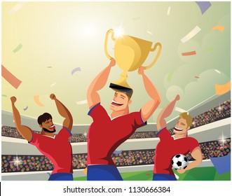 Winner team player holding soccer ball and Champion cup trophy in stadium. Vector illustration.