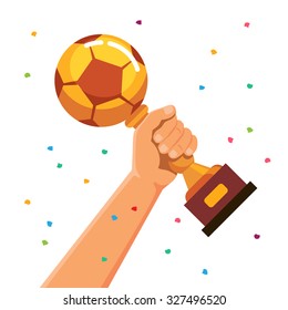 Winner team player holding soccer ball shaped cup trophy. Flat style vector illustration isolated on white background.