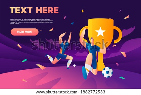 Winner team player with soccer ball and Champion cup trophy in stadium. Vector illustration.