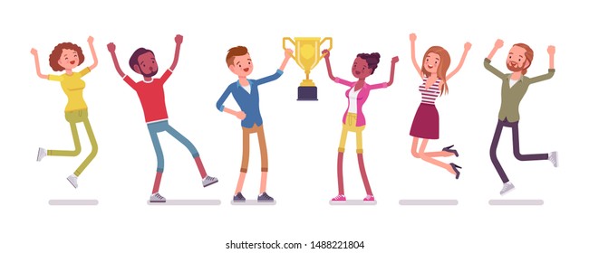 Winner teenager team with trophy. Happy teens celebrating mutual victory, sport or science event achievement, jumping with joy. Vector flat style cartoon illustration isolated on white background