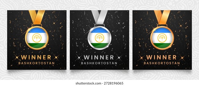 Winner templates for Bashkortostan. Medals featuring the Bashkir flag design, dark background with gold and silver confetti, and sparkling highlights. Vector illustration.
