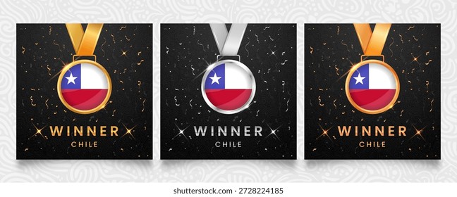 Winner templates for Chile. Medals featuring the Chilean national flag design on a dark background with gold and silver confetti and sparkling highlights. Vector illustration.