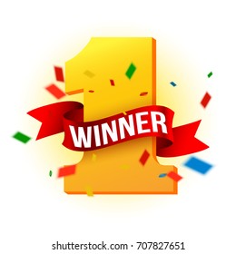 winner text on red ribbon with number one and confetti. 