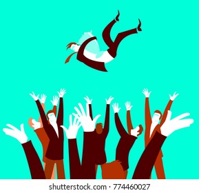 Winner tossed up with a prize. Vector illustration