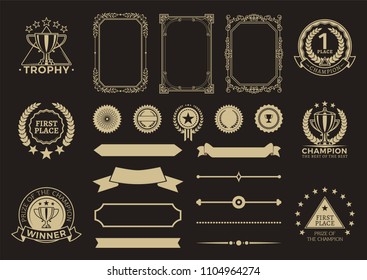 Winner trophies collection, frames set rewards awards for successful people, triangles and circles as base of badges isolated on vector illustration