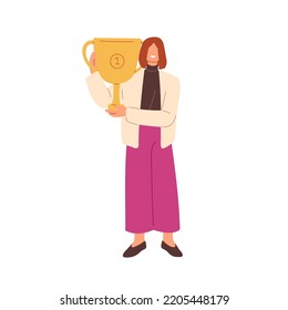 Winner and trophy, award. Business woman holds gold cup, goblet in hand for first place. Prize for victory, success, achievement concept. Flat graphic vector illustration isolated on white background