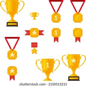 Winner trophy award pixel art icon set, golden goblet and medal first place. Game tournament achievement emblem.