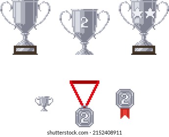 Winner trophy award pixel art icon set, silver goblet and medal second place. Game tournament achievement emblem.