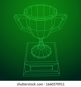 Copa trofeo ganadora. Concepto de premio. Ilustración vectorial de malla baja del bastidor de alambres