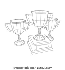 Copa trofeo ganadora. Concepto de premio. Ilustración vectorial de malla baja del bastidor de alambres