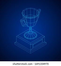 Copa trofeo ganadora. Concepto de premio. Ilustración vectorial de malla baja del bastidor de alambres