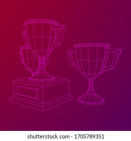 Copa trofeo ganadora. Concepto de premio. Ilustración vectorial de malla baja del bastidor de alambres