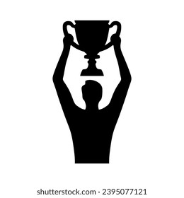 Winner with trophy cup icon. Man holding winner cup. Happy man celebrating victory of national competition championship. Victory and success concept. Vector illustration