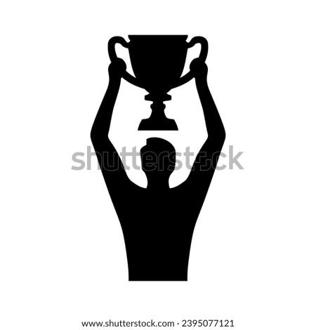 Winner with trophy cup icon. Man holding winner cup. Happy man celebrating victory of national competition championship. Victory and success concept. Vector illustration