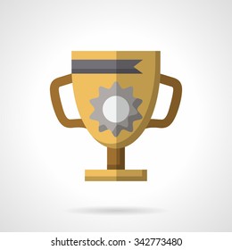 Winner trophy cup with ribbon and blank shield. Sport or business success. Flat color style vector icon. Elements of web design for business, website and mobile
