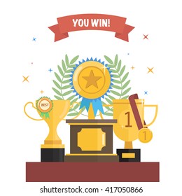 Winner trophy cup set with medals with ribbon and laurel wreath.Flat vector illustration