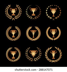 Winner Trophy Cup Silhouette Set with circular laurel foliate and wheat wreath.
Vector illustration.