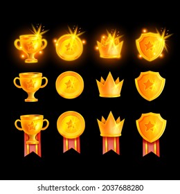 Juego de vectores de copa trofeo para ganadores, kit de premios RPG campeón, colección de medallas de juego dorado, cinta roja. Medalla de victoria, emblema de la corona de éxito, elemento de diseño de aplicación móvil de la interfaz de usuario de la pantalla real. Icono de trofeo ganador