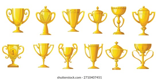 Tazas de trofeo ganadoras. Conjunto de Vector de dibujos animados de premios de campeón de oro, premios de torneo, copas de oro y cuencos con corona de laurel y primer lugar. Premios de logros y regalos de honor