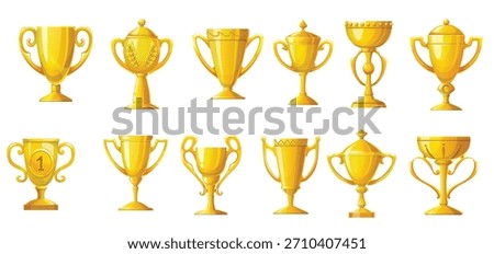 Winner trophy cups. Cartoon vector set of gold champion awards, tournament rewards, golden goblets and bowls with laurel wreath and first place symbol. Achievement prizes and honor gifts