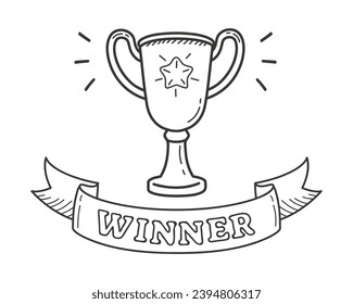 Winner trophy in doodle style. Illustration of champion cup with ribbon. Cartoon outline illustration of award.