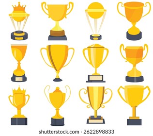 Winner Trophy and Gold Trophy Cup Set: Award, Victory, and Champion Icons for Competition Prizes