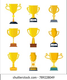 Winner trophy gold cups flat vector icons for sports victory concept.