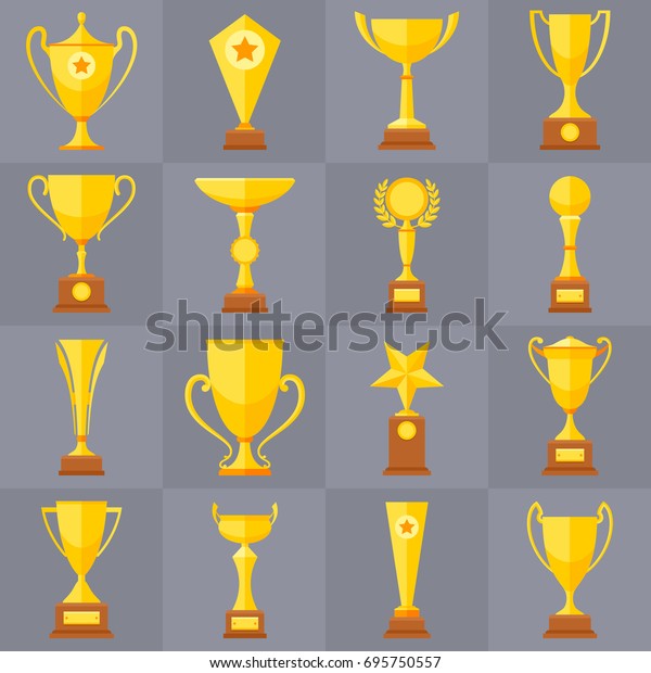 Winner Trophy Gold Cups Flat Vector Icons For Sports Victory Concept ...