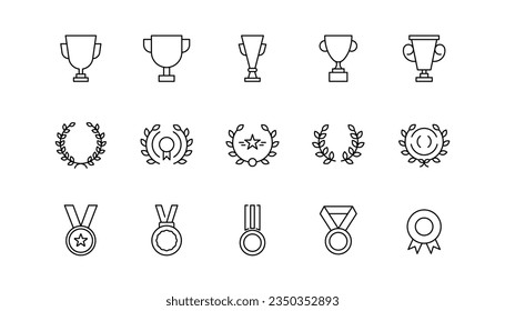 Winner trophy icon in line. Award icons. Champion cup and medal. Outline winner laurel wreath. Cup icon in line. Laurel wreath in outline. Champion medal icons set.