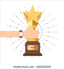 Winner trophy one gold star award in flat design vector