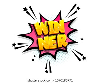 Winner trophy prize cartoon funny retro candy comic font. Explosion isometric text shock phrase pop art. Colored comic text speech bubble. Positive glossy sticker cloud vector illustration.