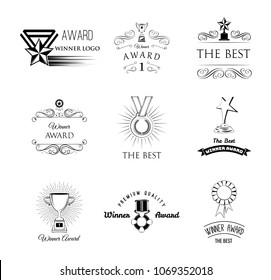 Winner trophy set. Medal, Reward, Cup, Star. Winner award. Swirls decoration VEctor illustration Filigree flourish elements Champions badges