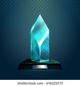 Winner trophy or transparent rhombus cup, award or achievement, crystal badge for championship prize. Sport sign or competition, championship badge, winner or leadership, pedestal ceremony theme