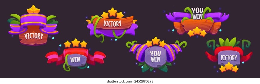 Winner ui game icon. Casino victory interface popup for banner. Win element template for badge in mobile app. Bonus achievement screen frame for jackpot with text. Tropical rank button gambling kit